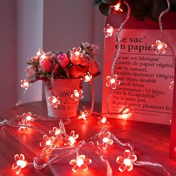 Battery & USB Operated 10ft Red Cherry Blossom Flower Fairy Lights String | Cute Flower String Lights With Timer For Bedroom, Party, Wedding, Christmas, Easter Tree Branch Hanging Romantic Decorations