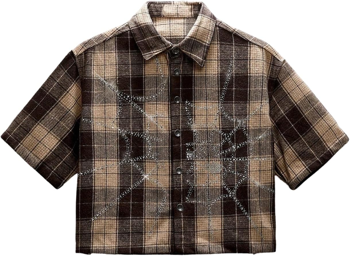 GORGLITTER Men's Gingham Cropped Shirt Button Up Y2K Rhinestone Short Sleeve Boxy Collared Plaid Streetwear Crop Tops