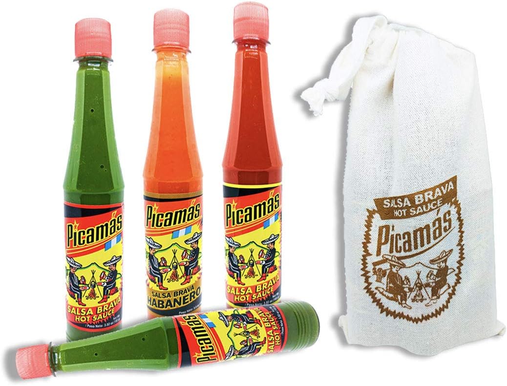 Picamas Hot Sauce Gift Set - Original Green Jalapeno Salsa Brava/Habanero/Red Jalapeno - Perfect for Hot Sauce Lovers - 4 Pack Variety Spicy Picante Peppers Sauce Sampler