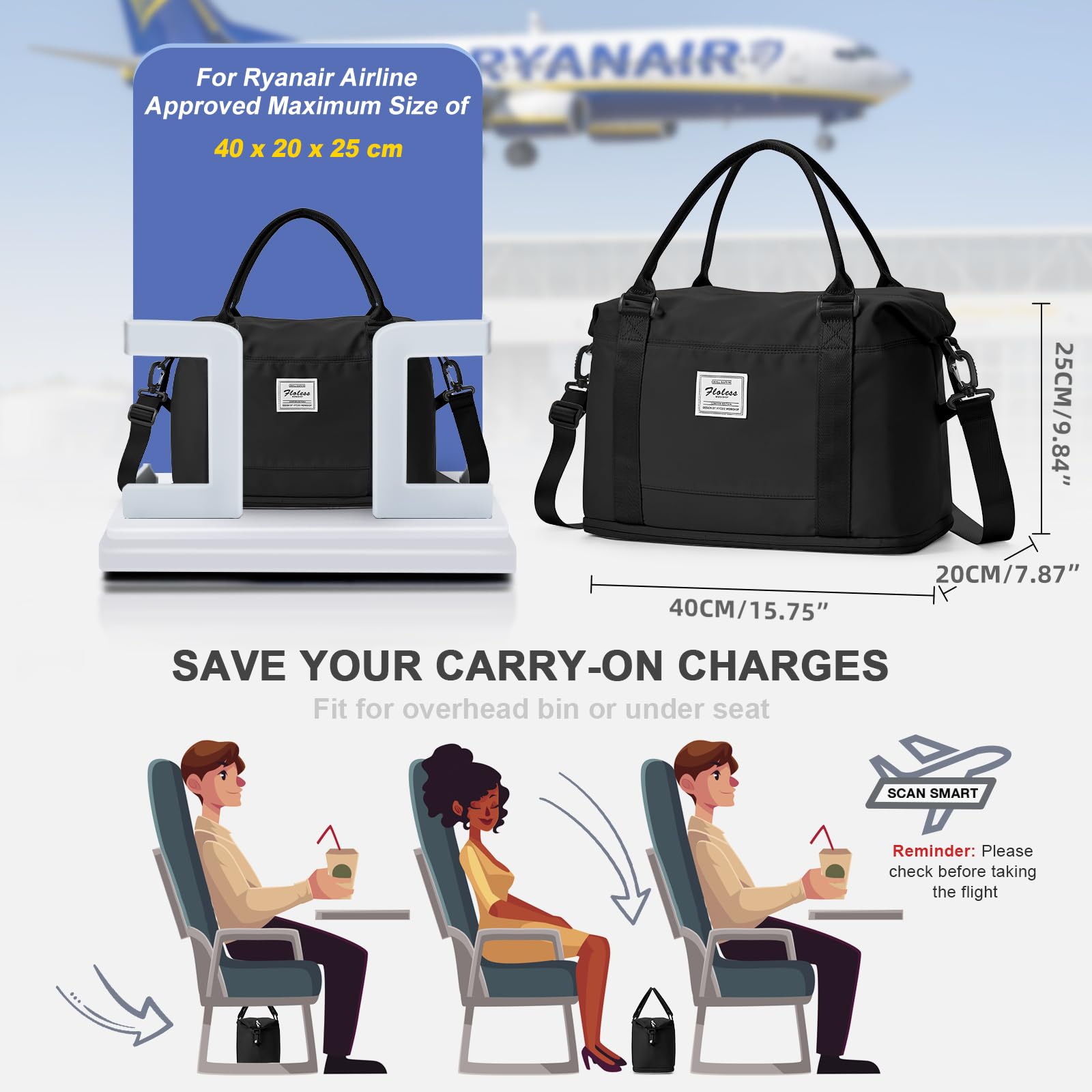 WEPLAN Borsone da Viaggio Donna 40x20x25 Ryanair Borsa da Viaggio Aereo Bagaglio a Mano Borsone Palestra Donna Weekend Ospedale Borsa Sportiva Piscina con Scomparto per le Scarpe,Nero