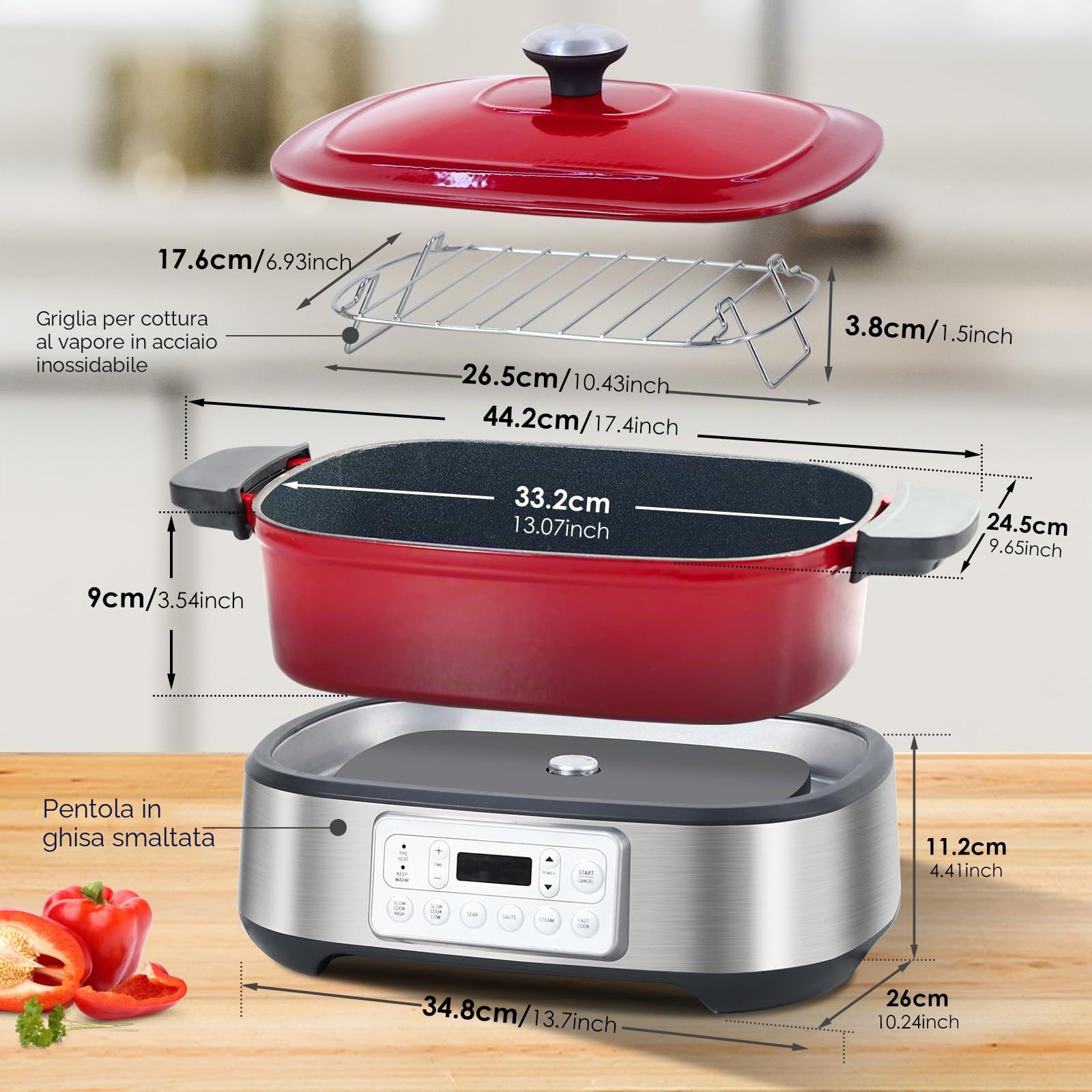 Homtone Casseruola 6 in 1 Slow Cooker, 5,5 l, programmabile, smaltata rimovibile, rivestimento in ceramica, cottura lenta, rosola, cottura a vapore con griglia a vapore, rosso