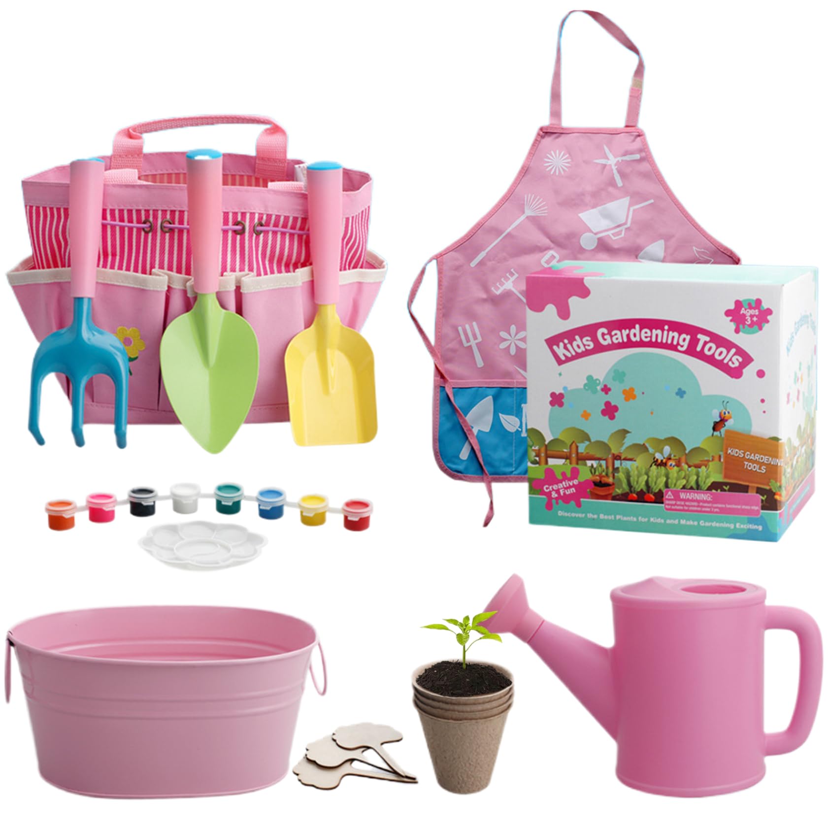 11 Pezzi Set di Attrezzi da Giardinaggio per Bambini, Pala, rastrello, Grembiule, annaffiatoio, Borsa educativa