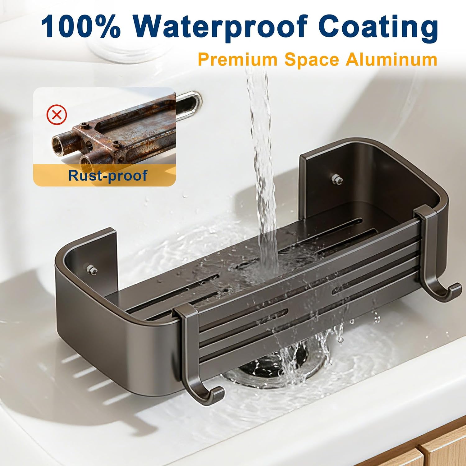 Shower Caddy, No-Drilling Adhesive Shower Shelves with Hooks, Waterproof & Rustproof Removable Shower Organizer Storage for Bathroom Kitchen