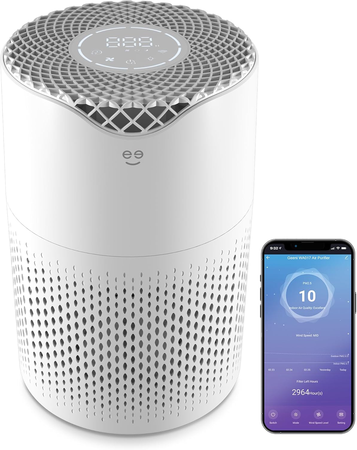 Geeni Air Purifier for Home - Hepa Air Filter for Pet Dander, Smoke, Allergies, Dust, Odor Eliminator, Medium Size Room Air Cleaner up to 585 Square Feet, Wifi Control, Alexa, Google Home Compatible