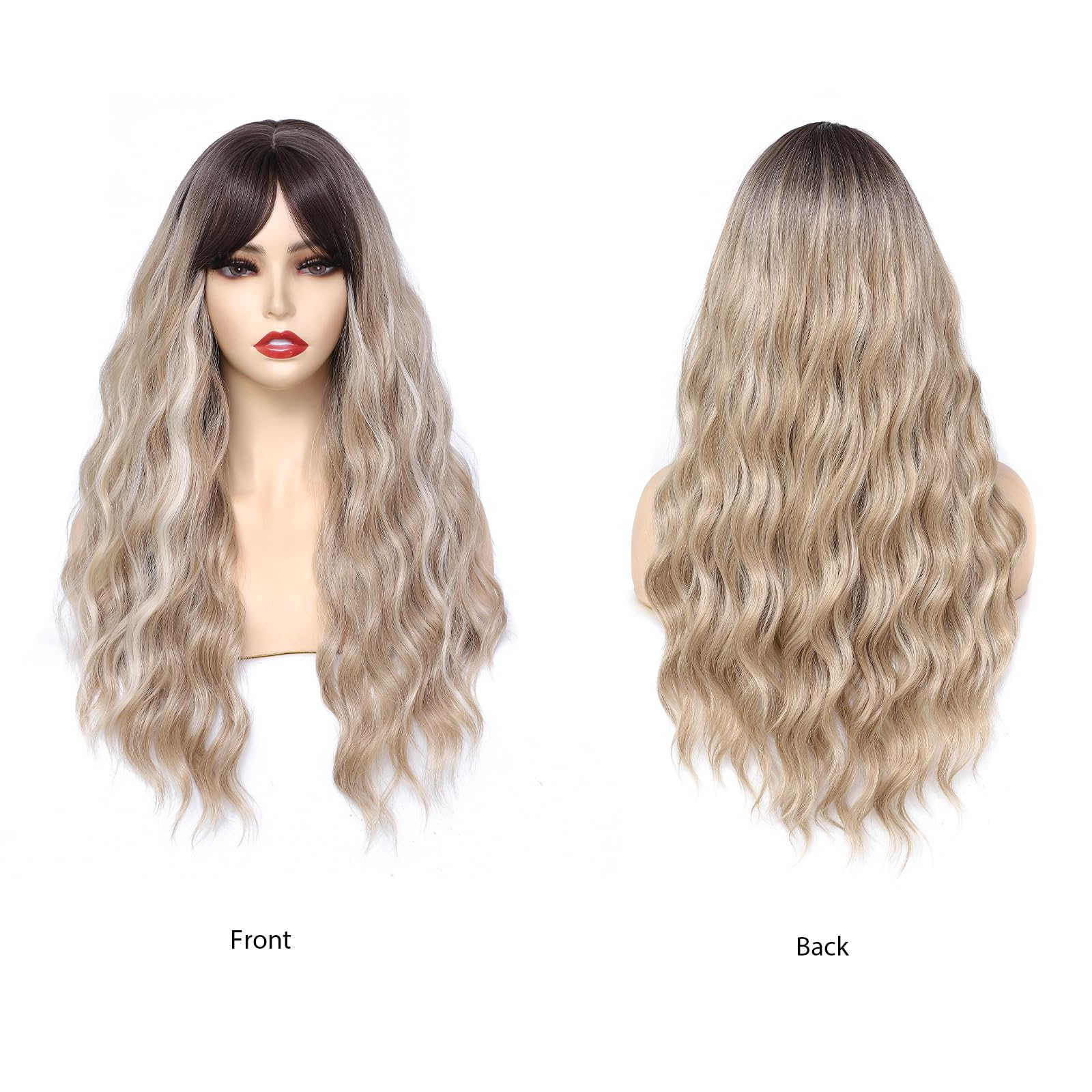 BUYOGET Long Curly Wavy Ombre Blonde Wig with Fringe Adjustable 24 Inch Synthetic Cosplay Daily Hair Wigs for Women - Image 2