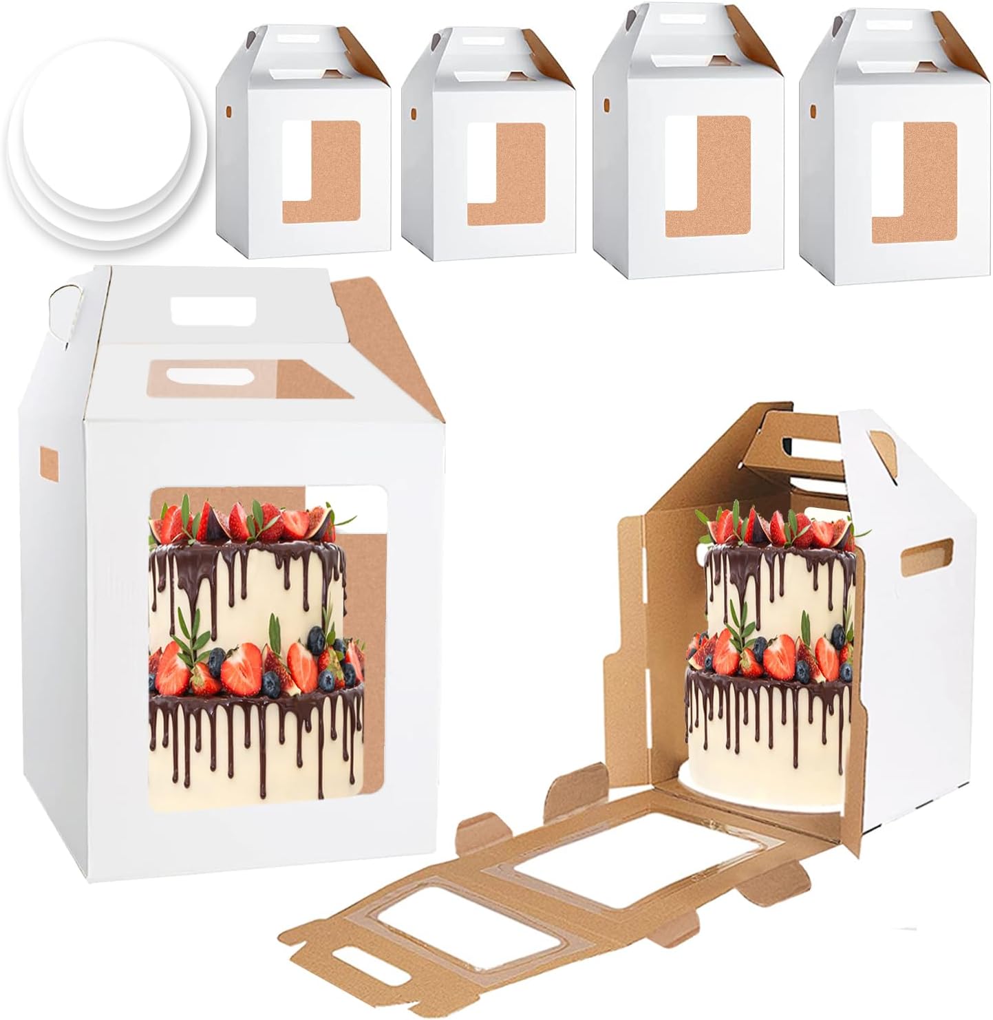 Tall Cake Boxes, 4Pcs Cake Packaging Boxes with Windows and