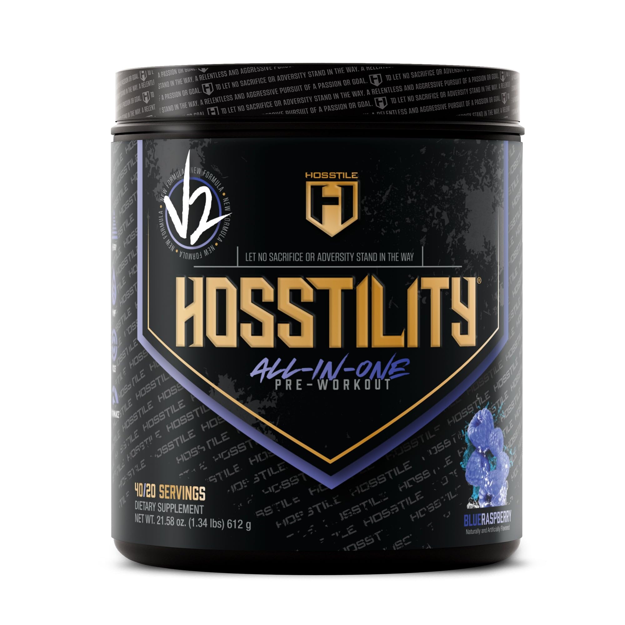 HOSSTILE Hosstility V2 Pre Workout, All-in-One Pre Workout Powder for Men and Women, Enhance Muscle Pump, Increase Energy, Boost Strength, Sharpen Focus, Blue Raspberry, 40/20 Servings