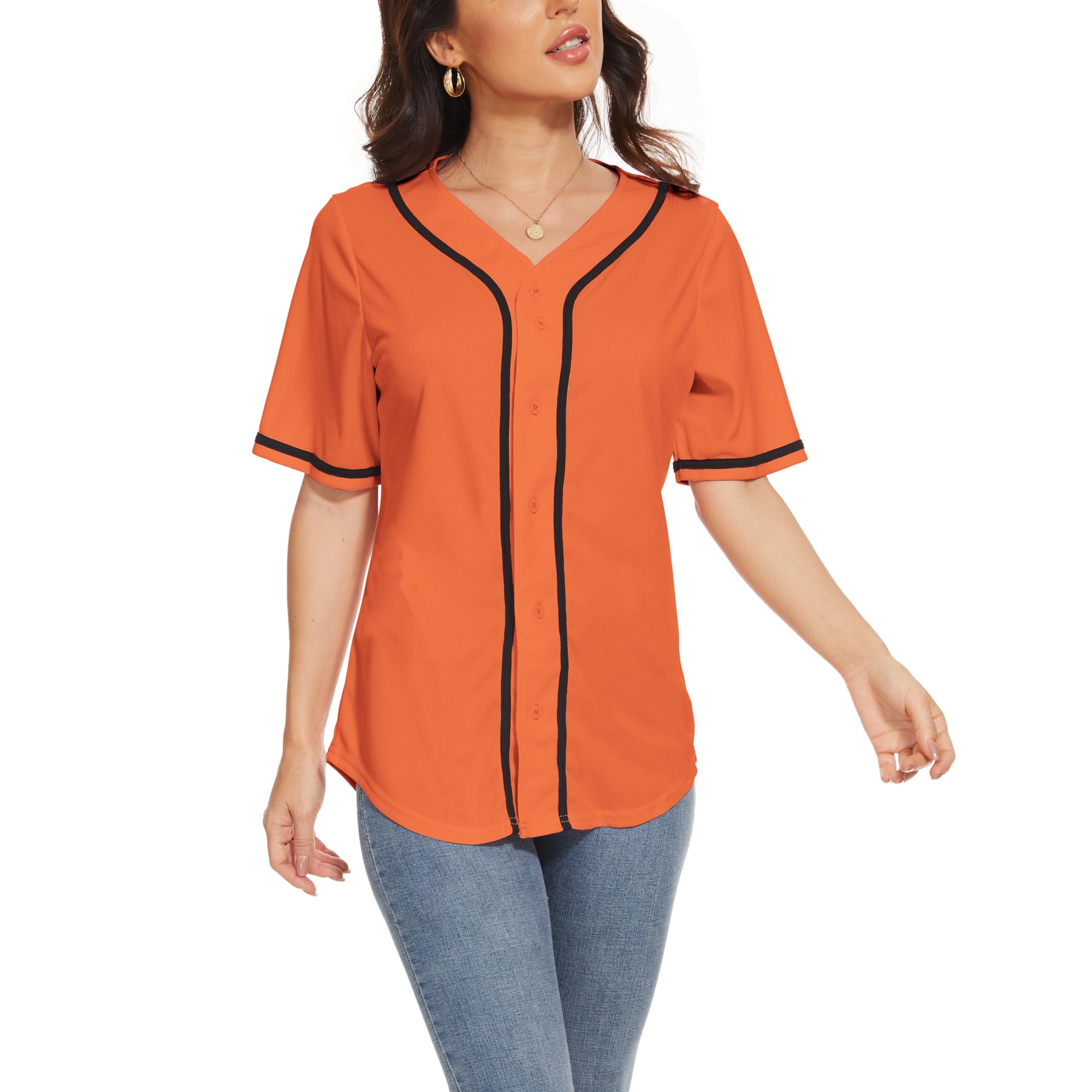 Women's Baseball Jerseys Blank Button Down V-Neck Softball Team Uniform Fashion Simple Wide Stripe Short Sleeve (Orange,S,Small)
