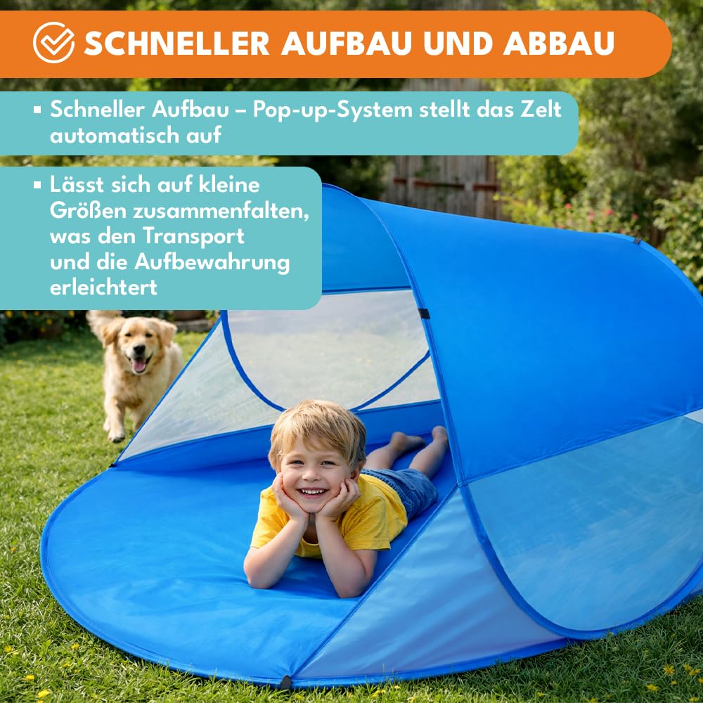 KRUMAD Strandmuschel Pop Up 200 x 120 x 85 cm, Großes Strandzelt für Baby und Erwachsene, Selbstaufbauendes Wurfzelt mit UV 50+ Sonnenschutz, Windschutz für Strand, Garten und Urlaub Sport & Freizeit