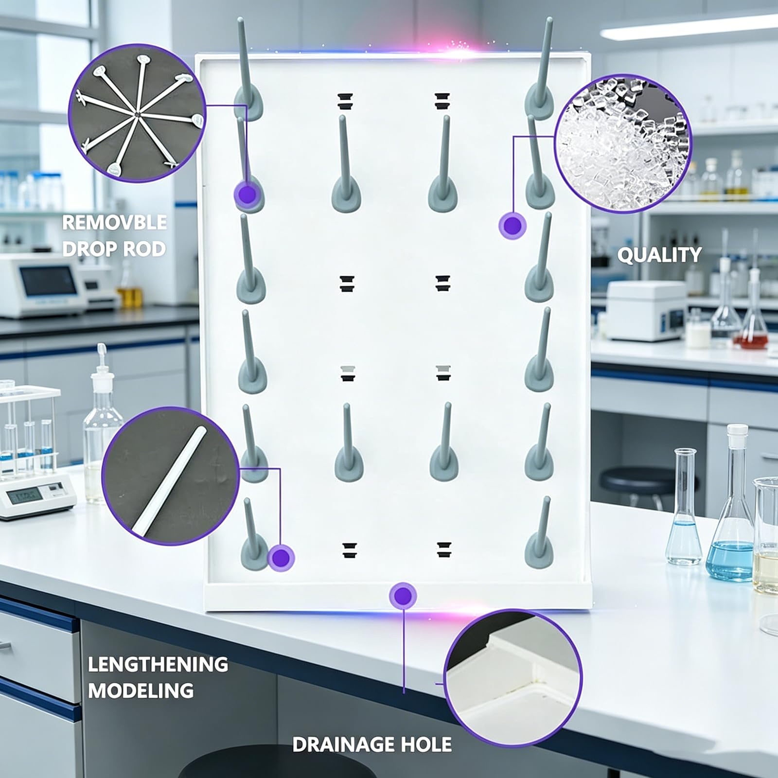 Séchoir Mobile pour matériel de Laboratoire, avec Tige d'égouttage Amovible et portée adaptée aux instituts de Recherche.