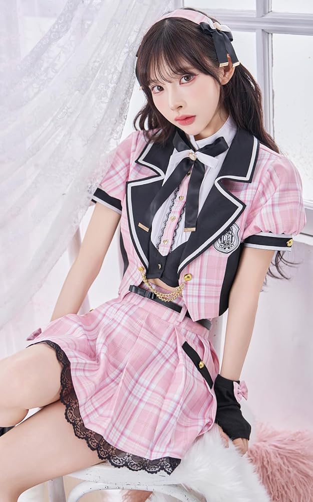 ピンク チェック柄 制服 コスプレ衣装　アイドルスクールガールセットアップ 即日発送！】【ハロウィン】アイドルスクールガールセットアップ