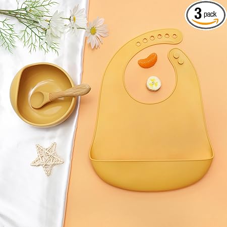 KIDS STATION 3pcs Feeding Bowl, Adjustable Bib and Spoon Set, Food Grade Silicone, BPA-Free & Microwave Safe Baby Feeding Essentials, Toddler Food Training (Yellow)