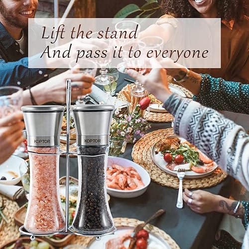 Koptor Luxury Stainless Steel Salt And Pepper Mill Set Of 2 With Stand - Adjustable Ceramic Sea Salt & Black Pepper Grinder, Glass Salt And Pepper Shakers (Stainless Steel, 7.5'' Tall 6Oz X 2 Mills) #TOP3