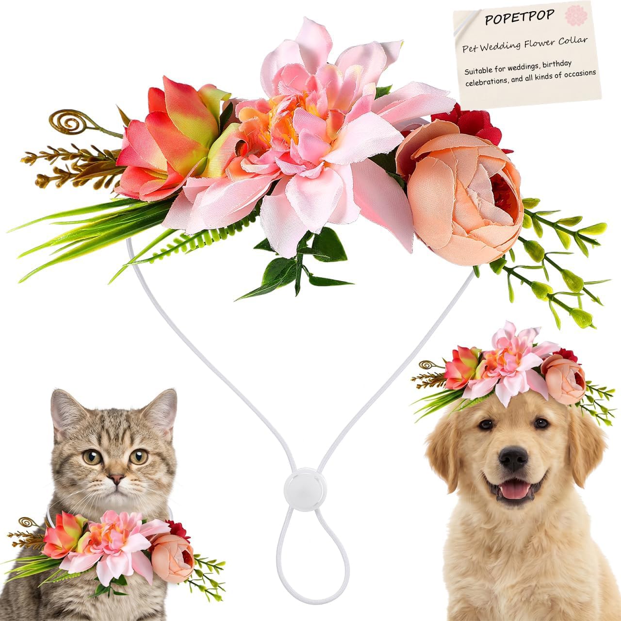 POPETPOP Adjustable Dog Flower Crown Headband for Wedding Beach Vacation