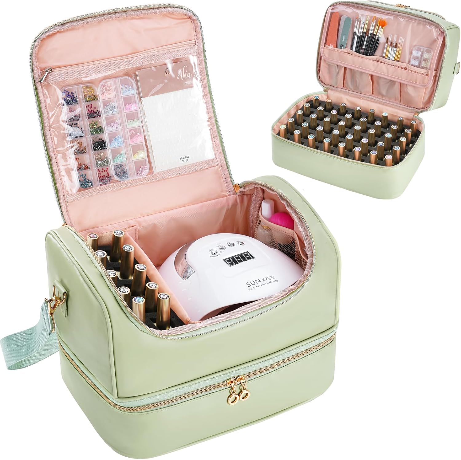 Uross Nail Polish Organizer Bag Holds 50 Bottles Nail Polish, Nail Lamp, Nail Supplies- PU Leather Nail Organizers and Storage Case for Nail Tech, Nail Stuff Gel Kit Box Gift for Manicurist- Green