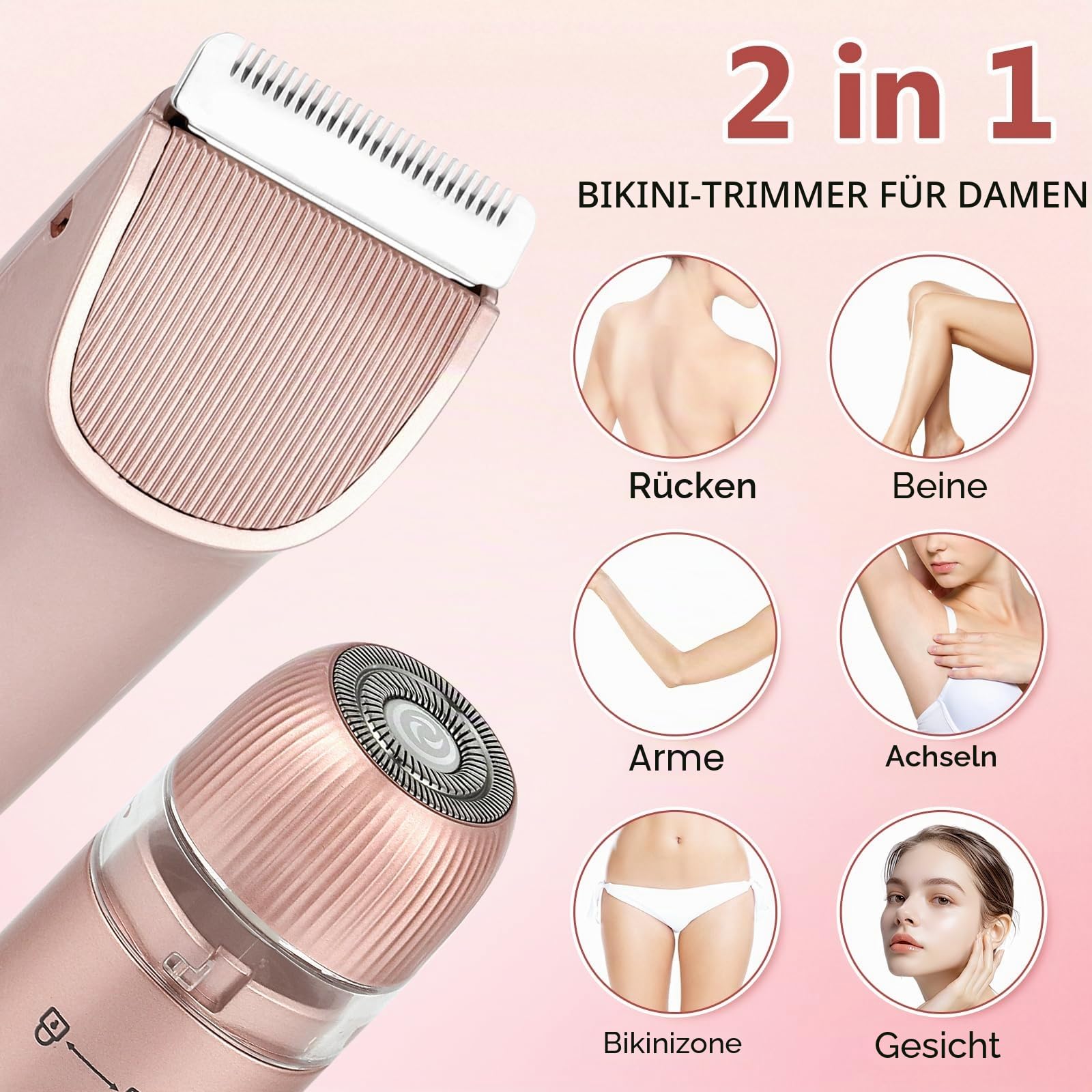 2-in-1 Damen-Bikini-Trimmer mit zwei Kopfen, IPX7, wasserdicht, Nass- und Trockenanwendung, Körperhaarschneider und Gesichtshaarentferner für Bikini, Achselhöhlen, Beine, Arme, Körper, Gesicht