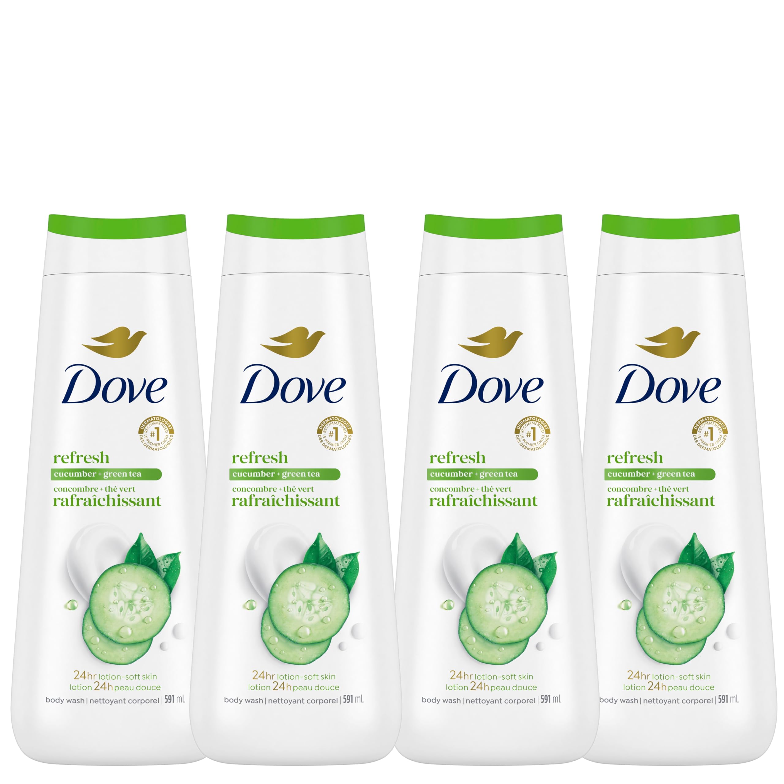 Dove Refresh Body Wash for 24hr Lotion-Soft Skin, Cucumber & Green Tea, Gentle Moisturizing Body Wash, 591mL, Pack of 4