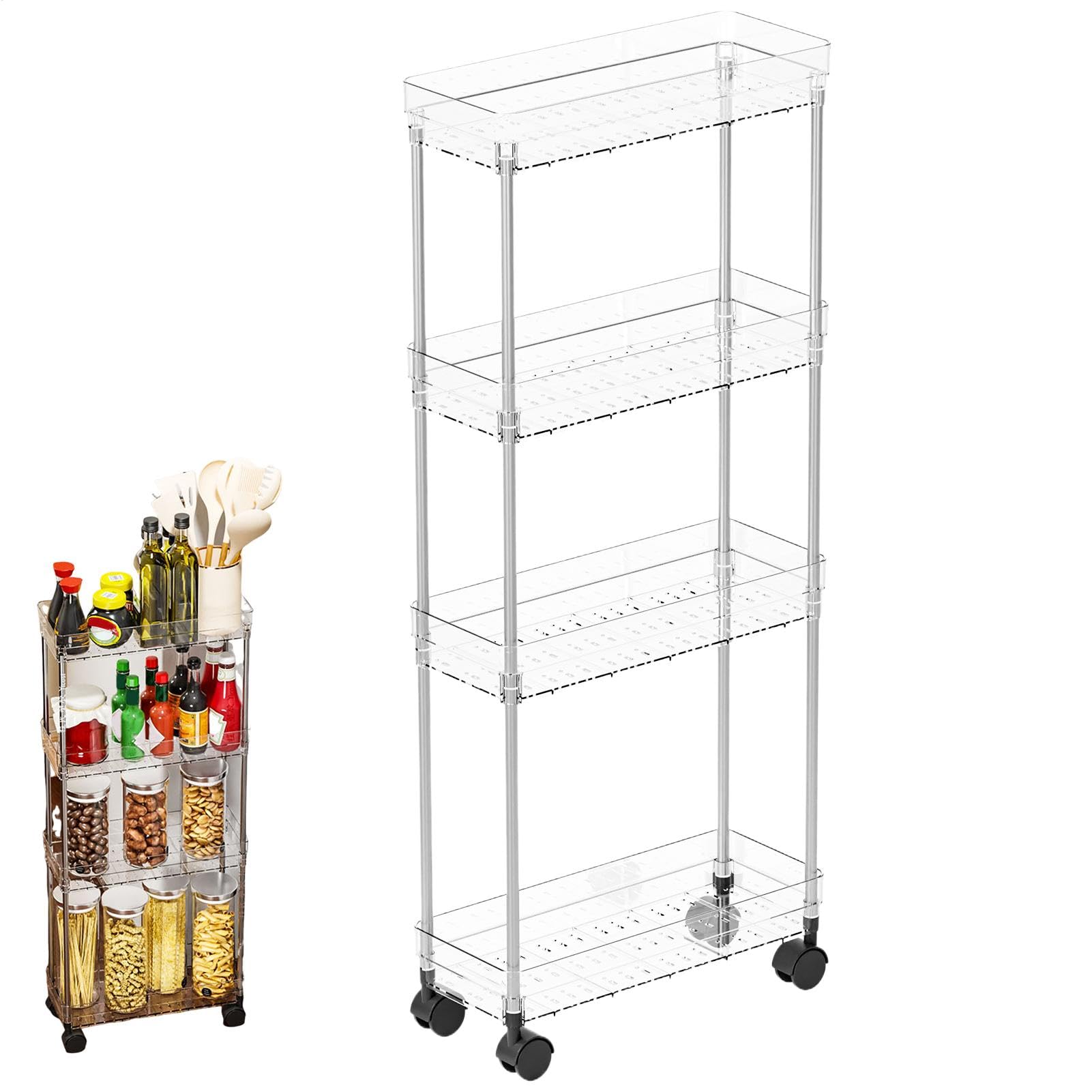 Generico Rolling Storage Cart, Movable Shel, Multi Layer, Multi Purpose, Compact Rolling Kitchen Organizer for Laundry Room, Narrow Space, 1650g, Acrylic, Abs, Metal