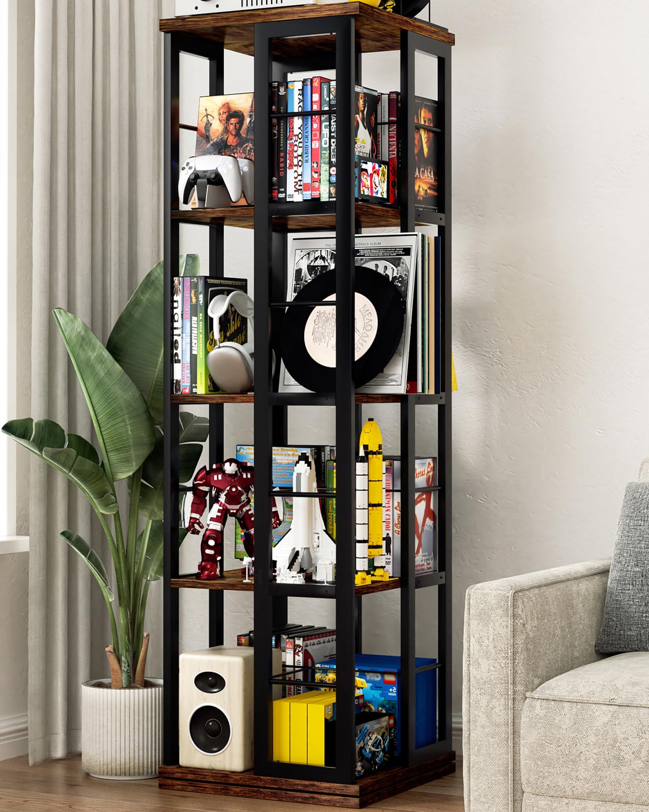 Étagère à livres rotative iSunirm, étagère d'angle, bibliothèque pivotante en bois à 360°, bibliothèque sur pied, étagère étroite et tournante, meuble de rangement pour petits espaces, marron rustique