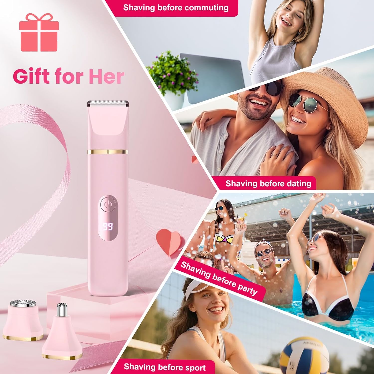 Rasierer Damen 5-in-1 Intimrasierer für Frauen Elektrischer Damenrasierer Gesichtshaarentferner für Frauen Ipx7 Wasserdicht Trimmer Damen für Beine, Arme, Achseln und Bikinizone Rosa