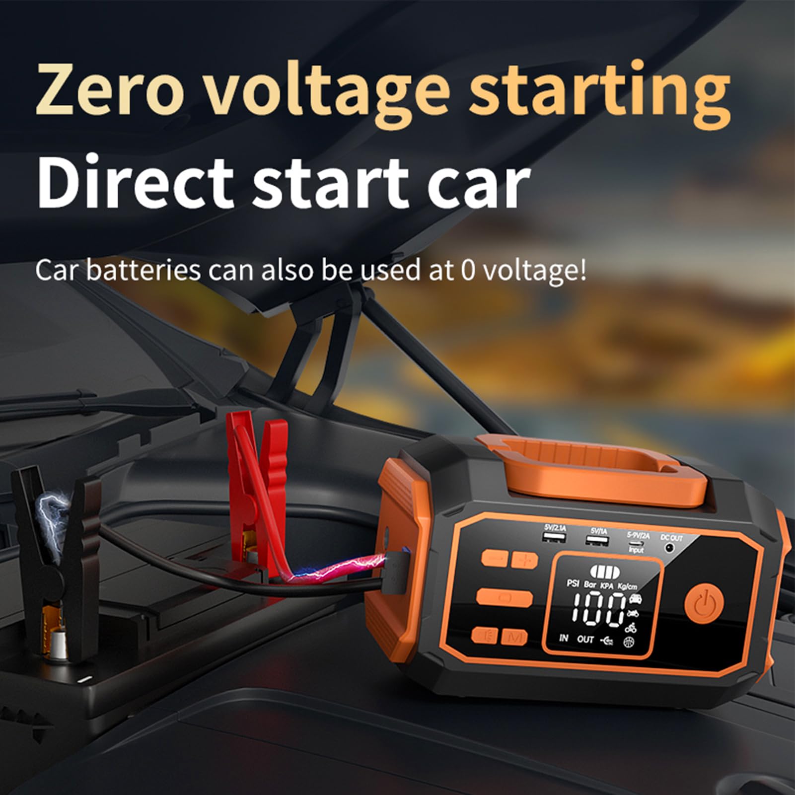 FTVOGUE Arrancador Portátil de BateríA, Compresor de Aire 10000 MAh 600 A Pico, for Arranque de Emergencia y Inflado (Orange)