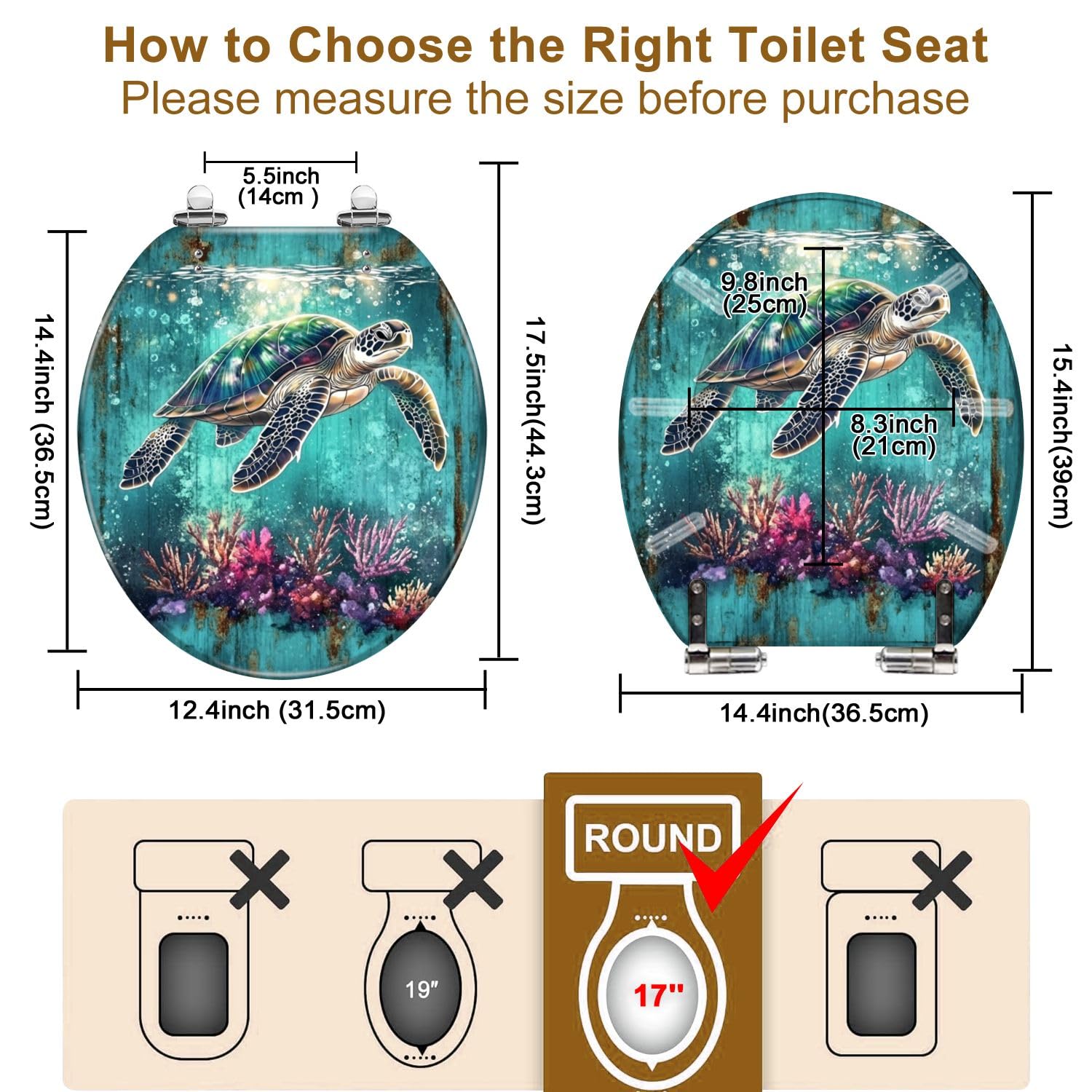 Asiento de inodoro redondo decorativo con bisagras de liberación rápida para baño.