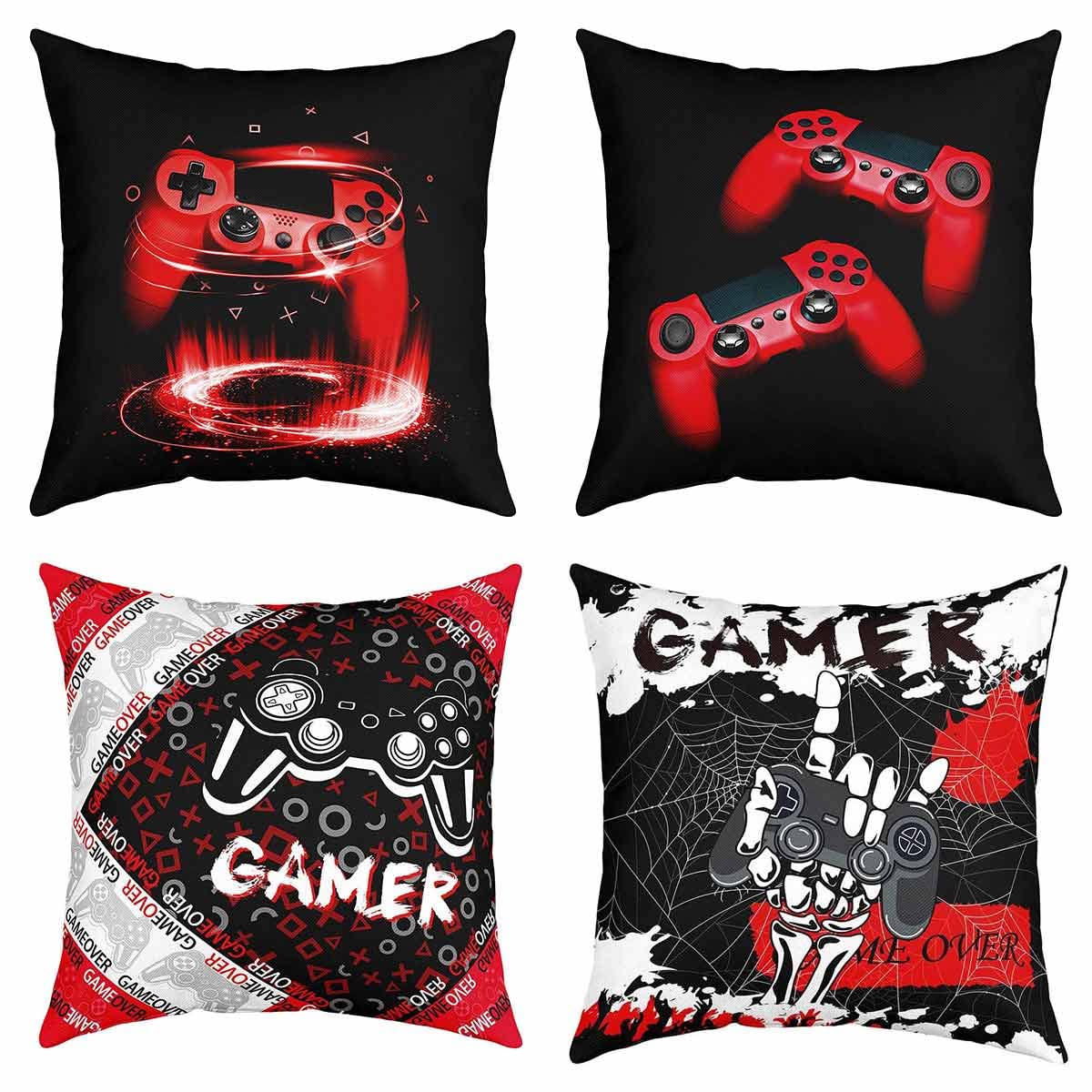 Feelyou Pack of 4 Gamer Decorative Throw Pillow Covers, Soft Gaming Gamepad Square Cushion Case Set for Couch Sofa Bedroom Living Room,Game Room Decor Red Black Pillow Cases Pillowcases, 18x18 Inches