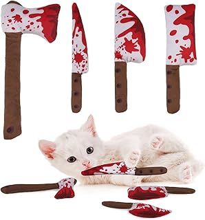 EXPAWLORER Halloween Cat Catnip Toys- 4 Psc Interactive Stuffed Knife Cat Nip Toy for Indoor Cats, Bite Resistant Chew Toys Teeth Cleaning Gift for Kitten