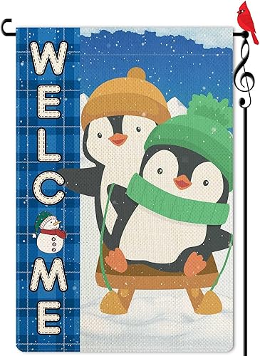 Kenomi Bandera de jardín de invierno de bienvenida, bandera de jardín de pingüino, muñeco de nieve, vertical, de doble cara, rústica, decoración