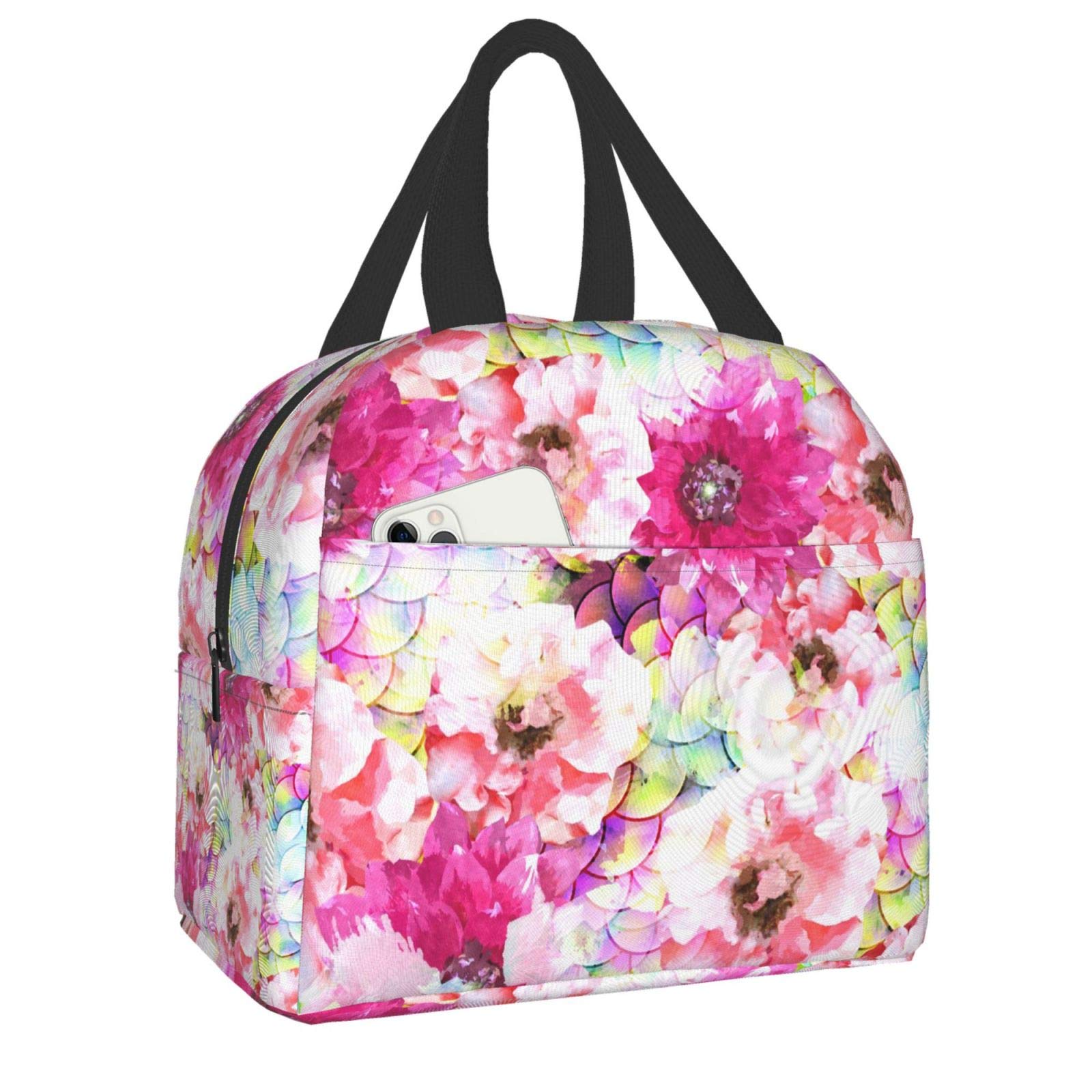 PrelerDIY Flowers Lunch Box - Tie Dye Mermaid Insulated Lunch Bags for Girls Reusable Lunch Tote Bags for School/Office/Camping/Hiking/Picnic/Beach/Travel