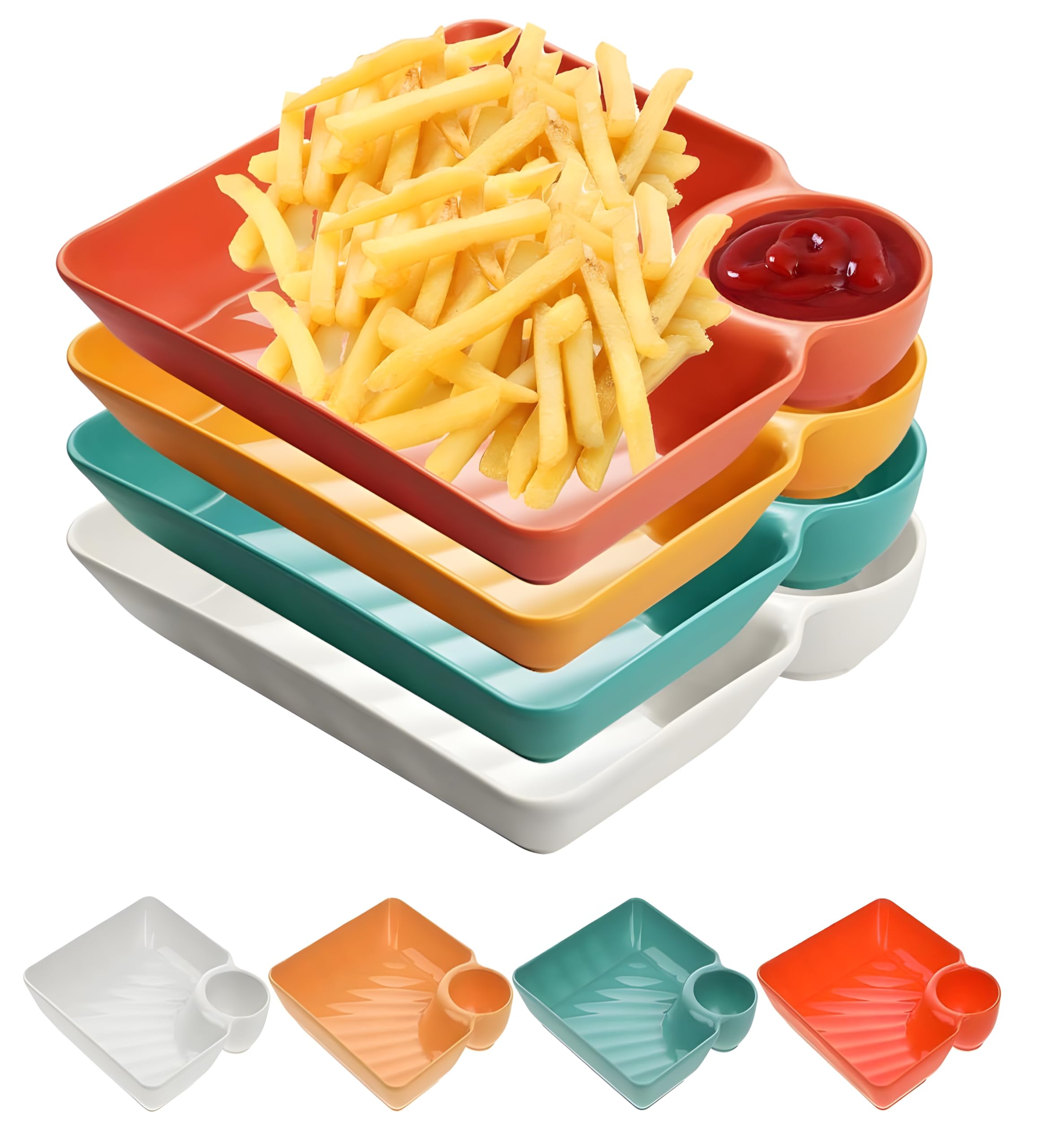 yomith Chip and Dip Serving Platter Dish Set, Divided Trays Snack Bowl Dishes, Wine Dine Appetizer Plates, Dumpling Plate with Sauce Holder for Kids, Family and Parties (4)