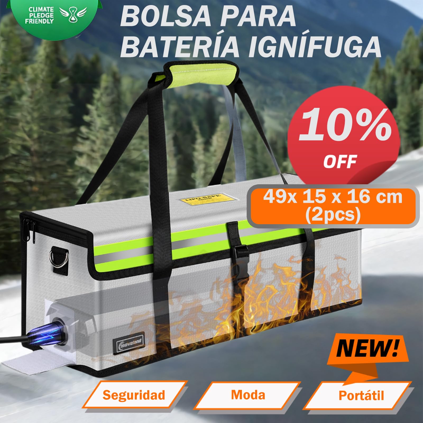 moveland 2 piezas de bolsa de batería de e-bike ignífuga, hasta 1400 °C - Bolsa de batería protegida contra explosiones, 49 x 15 x 16 cm - Caja de protección contra incendios para batería de e-bike de