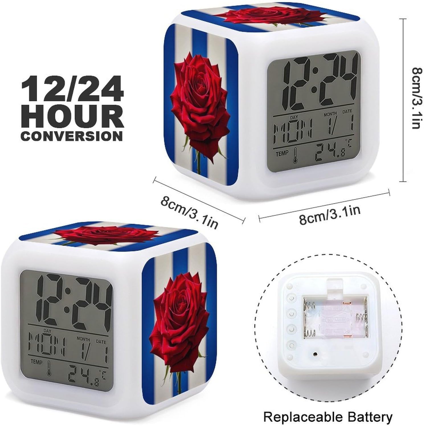 Night Light Alarm Clock, 7 Color Changing, Red Roses image 3