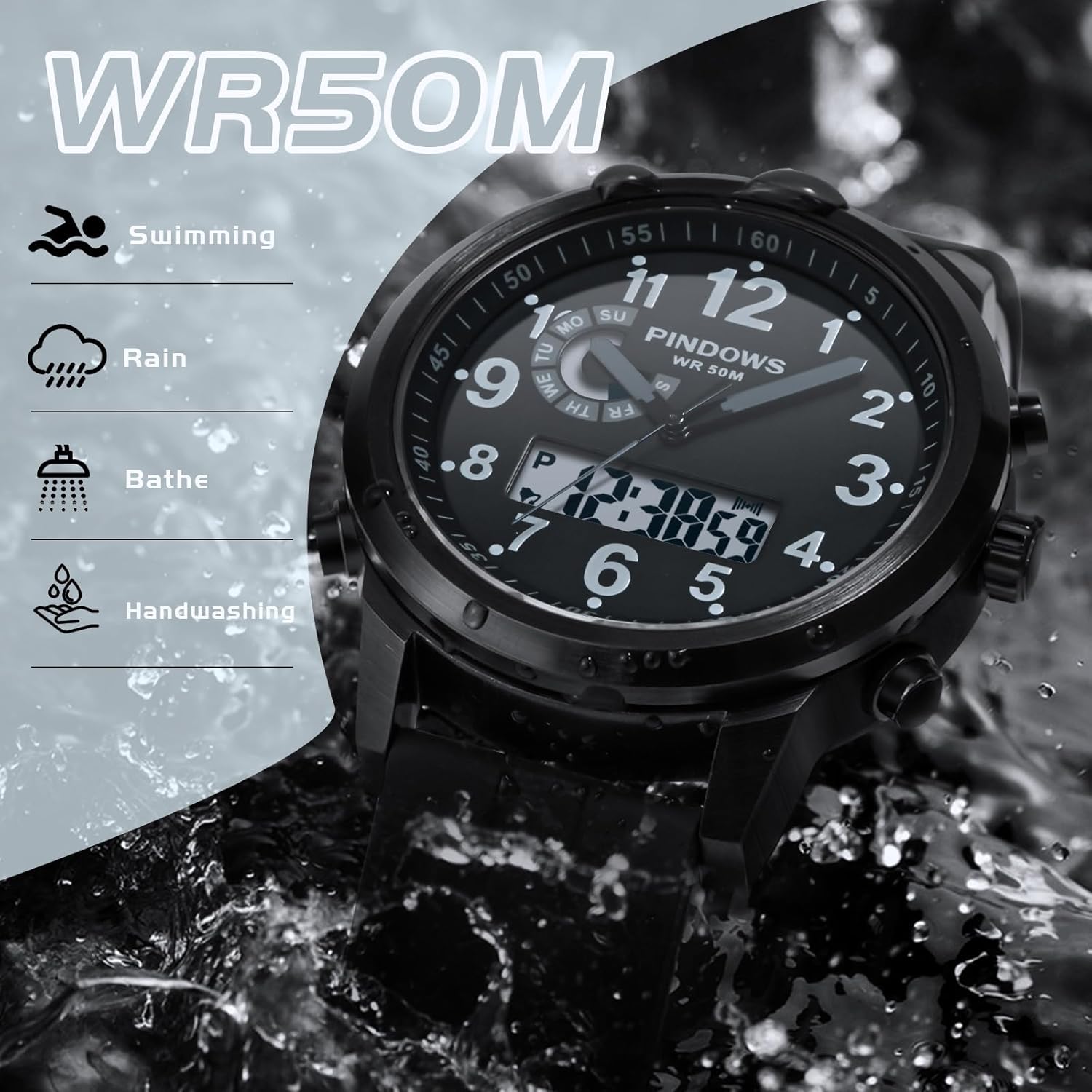 Graphic illustrating 50M water resistance for the PINDOWS watch, showing icons for rain, handwashing, and bathing as acceptable, but swimming as not recommended.