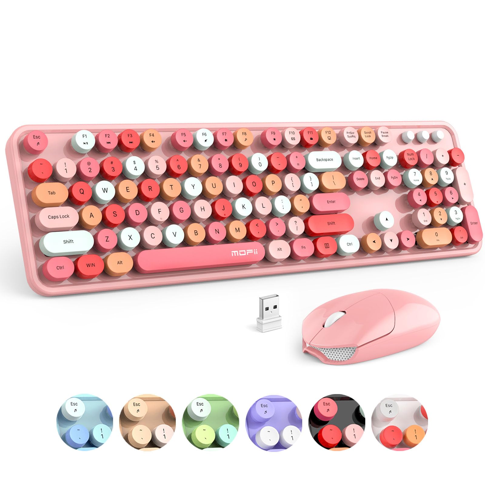 MOFII Wireless Keyboard and Mouse, Pink Colorful Round Key Retro