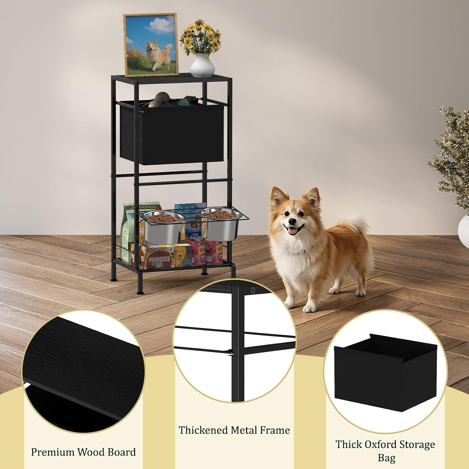 Elevated Dog Bowl Stand with 3-Tier Storage, 3 Adjustable Heights Raised Dog Feeding Station with Basket and Shelves for Small Medium Large Dogs Cats, Black