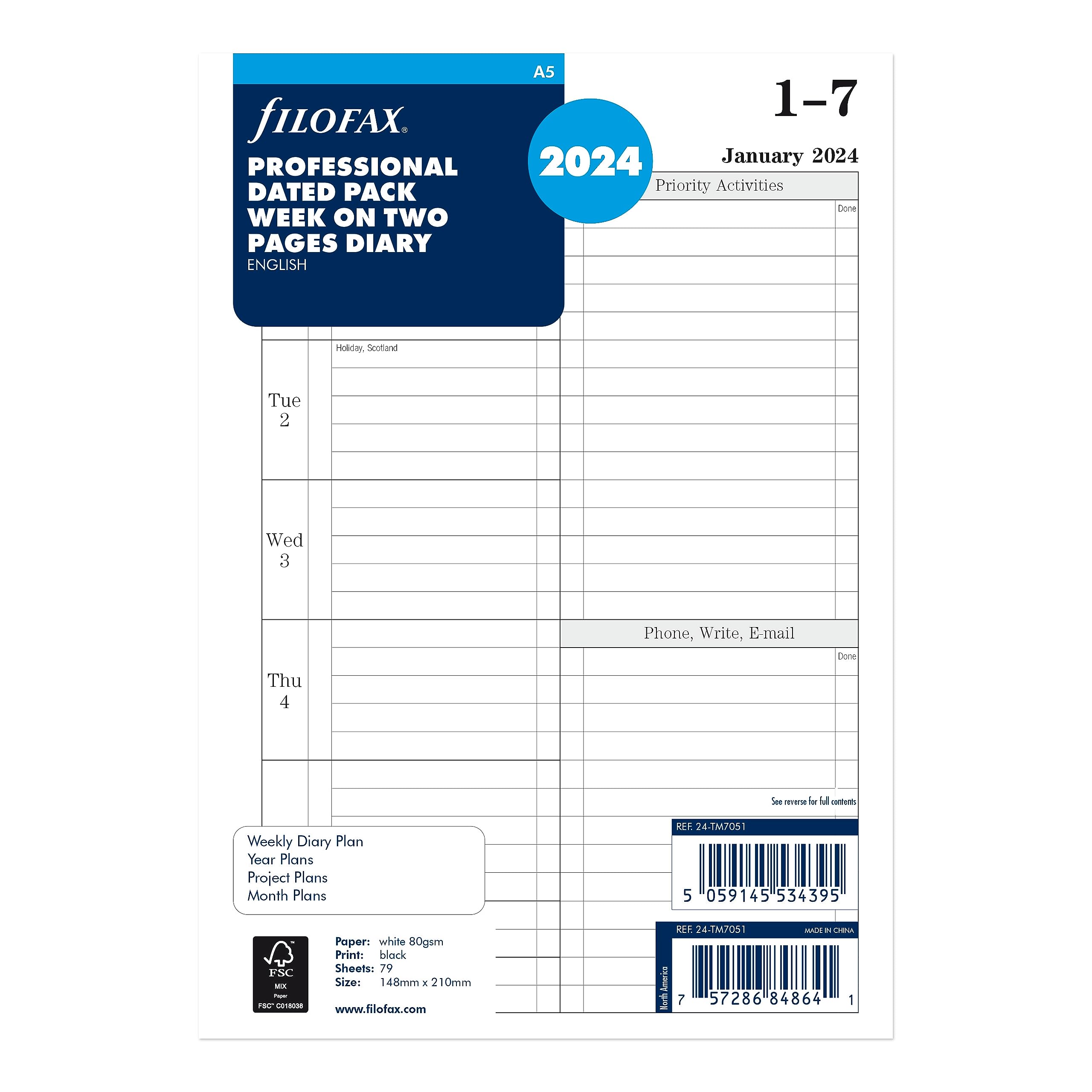 Filofax A5 Week-to-View Diary Refill with Appointments, White Ruled, English, 2024, CTM7051-24
