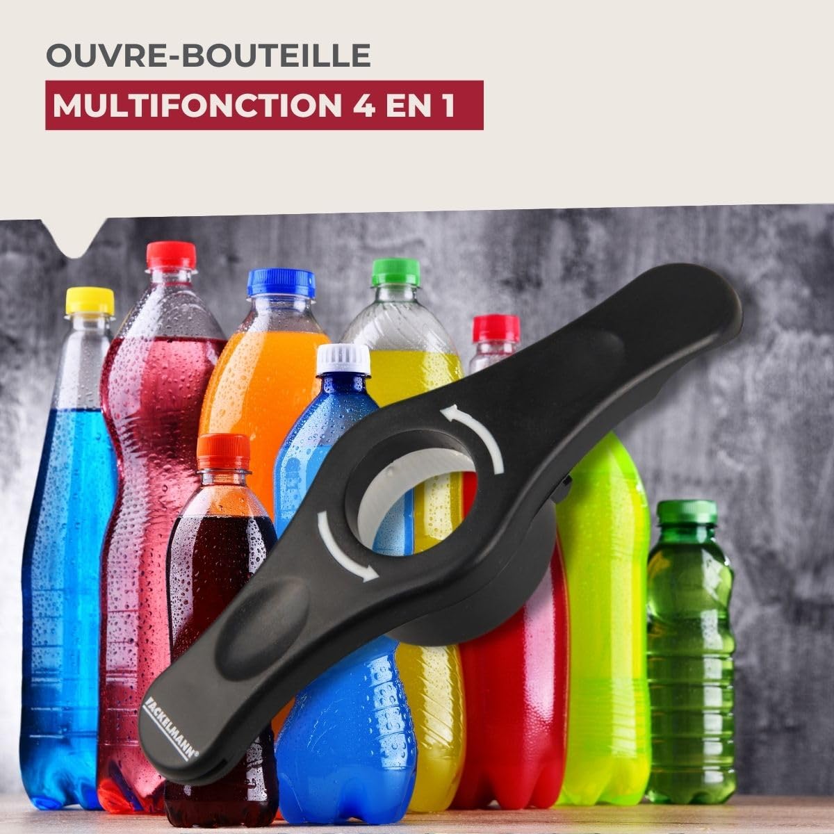 Fackelmann Ouvre bouteille 4 en 1, décapsuleur, ouvre boîte, ouvre bocal, Plastique, Noir, 14,5 x 4,5 x 2,5 cm