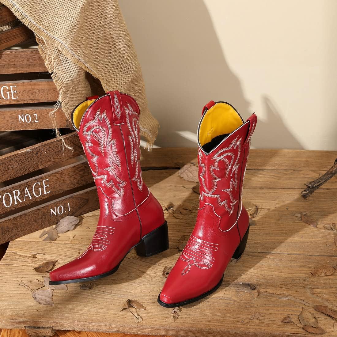 KiutSymo Womens Stitching Knee High Cowgirl Boots Retro Embroiderey Chunky Heel Snip Toe Cowboy Western Boots