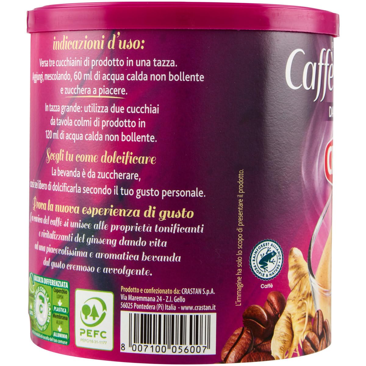 Crastan Ginseng e Caffe' Solubile, sin azúcar, ginseng instantáneo y café, 2 x (200 g, 25 tazas) + llavero Beni Culinari gratis