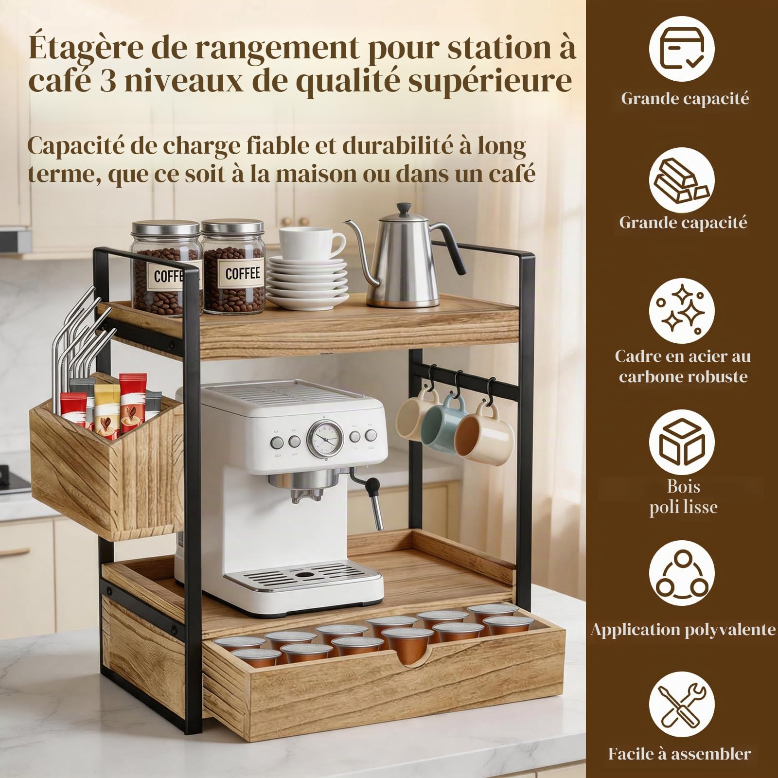 Organiseur de station à café à 3 niveaux avec tiroir et crochets pour tasses, en bois, pour comptoir de cuisine, maison, bureau