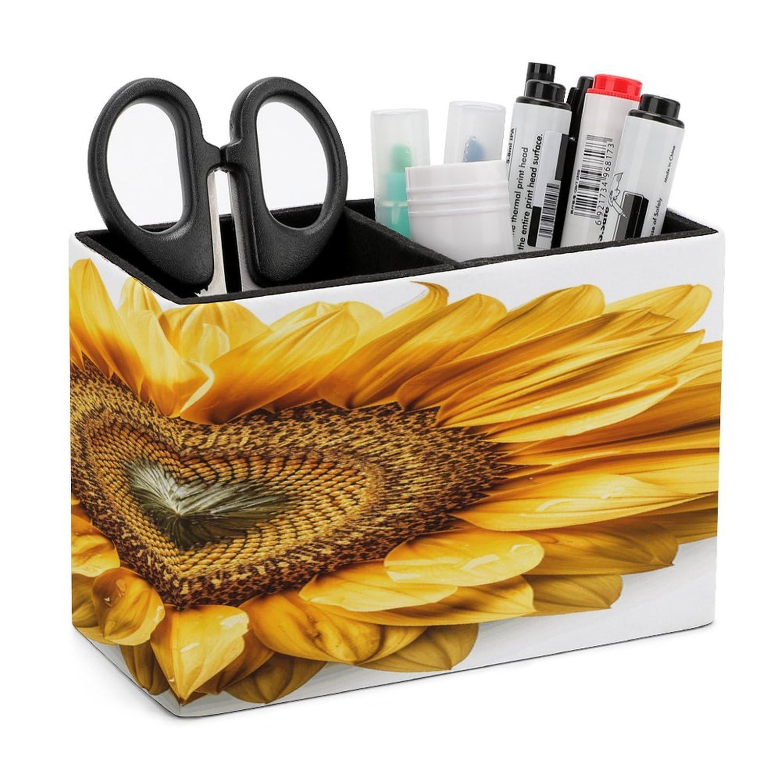 VstaDank A Flower Pencil Holder for Desk(Double Slots) Fashion Leather Pencil Cup Simple Rectangular Shape Pen Holder Multi-Functional Pen Cup for Home Office Supplies Storage
