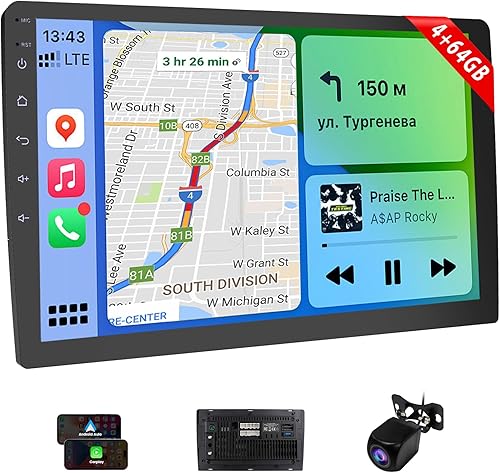 Estéreo inalámbrico de doble DIN de 10.1 pulgadas con Apple CarPlay y Android Auto, radio de coche con pantalla táctil HD, Bluetooth 5.1, 4+64GB,