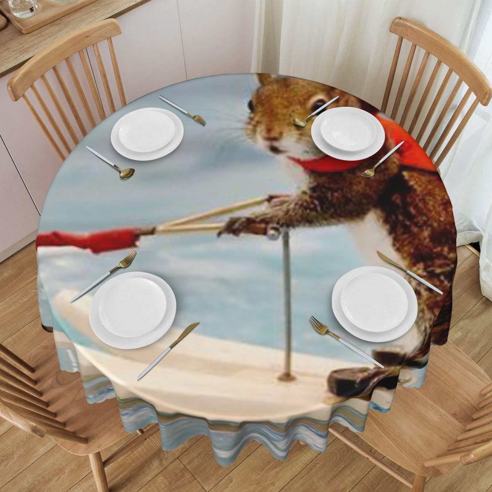 DCEHGEW 60 In Round Tablecloth with Lace, Water Skiing fox Squirrel Printed Oilproof & Washable Fabric Picnic Table Cloth Table Covers