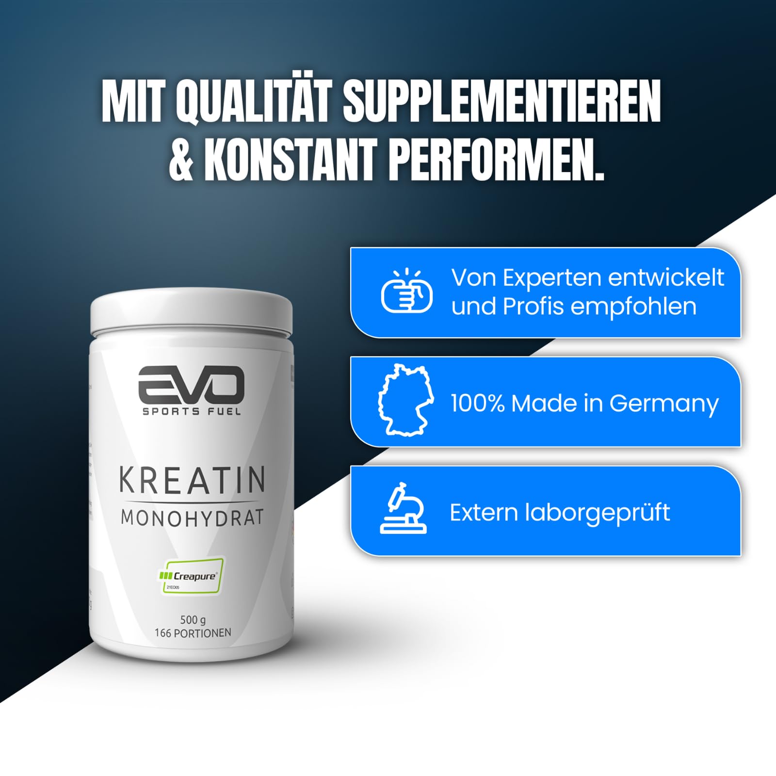 EVO SPORTS FUEL Kreatin Monohydrat Creapure Pulver 500g | 100% vegan & reines Creatine Monohydrate Powder | mikrofein und perfekt löslich | geprüfte Qualität | Made in Germany