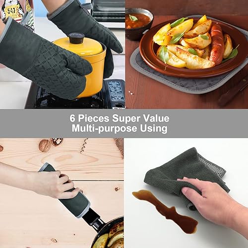 Miniatura 7 de KEGOUU Juego de 6 manoplas para horno y soportes para ollas, guantes para horno de cocina, resistentes al calor, 500 grados, extra largos,