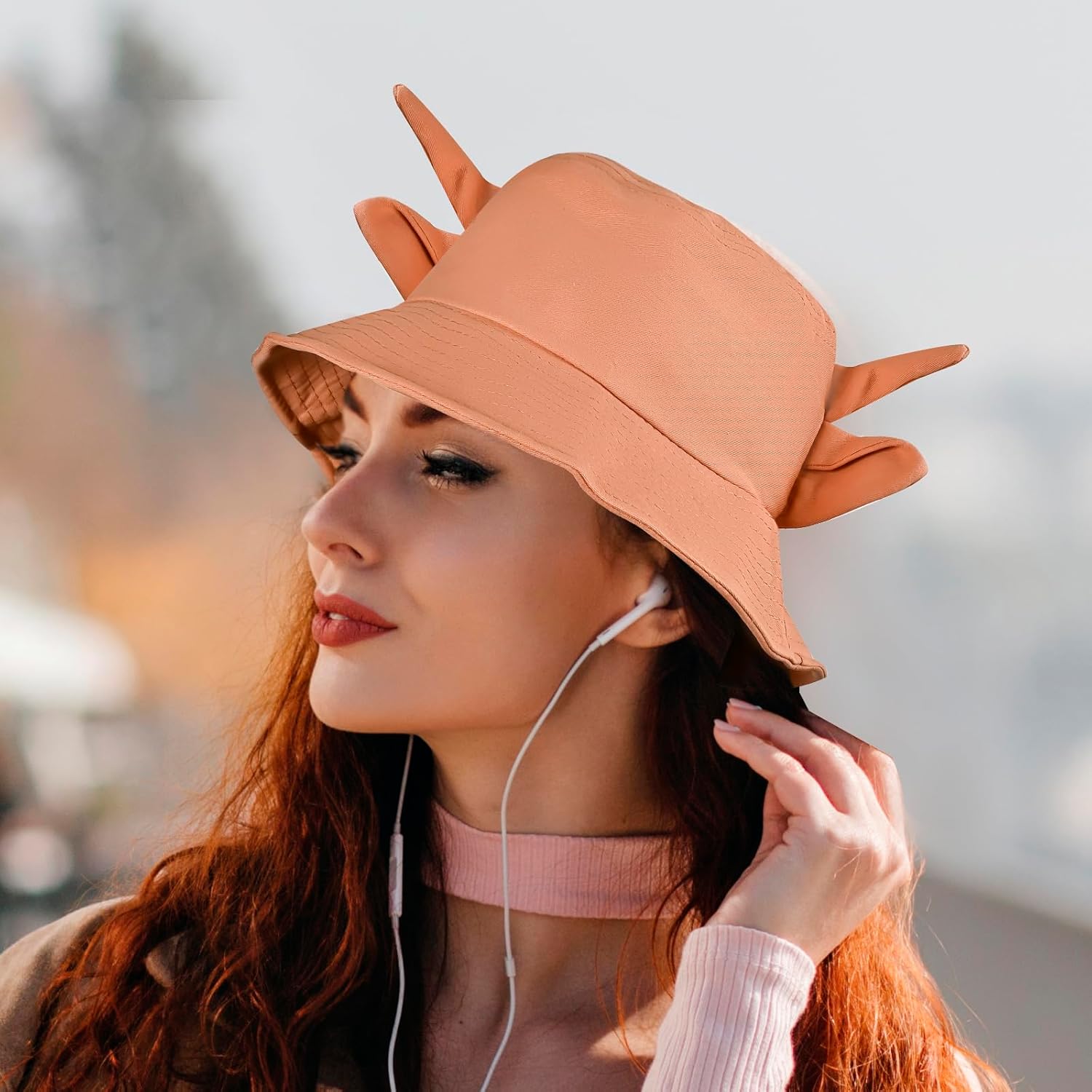 Cow Print Bucket Hat with Cute Horn Ears Cow Print Summer Beach Sun Hat Fisherman's Cow Bucket Hat - Image 5
