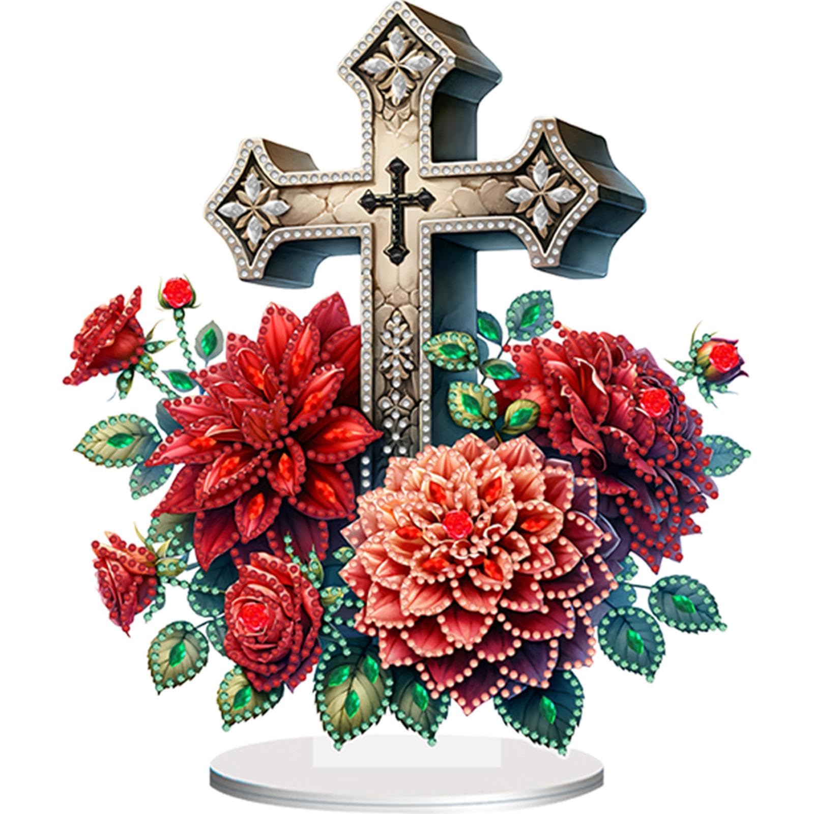 AMZGSHOP Acrylic Special Shape Cross Sunflower Diamond Painting Tabletop Ornaments Kit Table Top Diamond Painting Ornament Kits 5D DIY Diamond Art Tabletop Decorations for Home Office Decor (KJ0318)