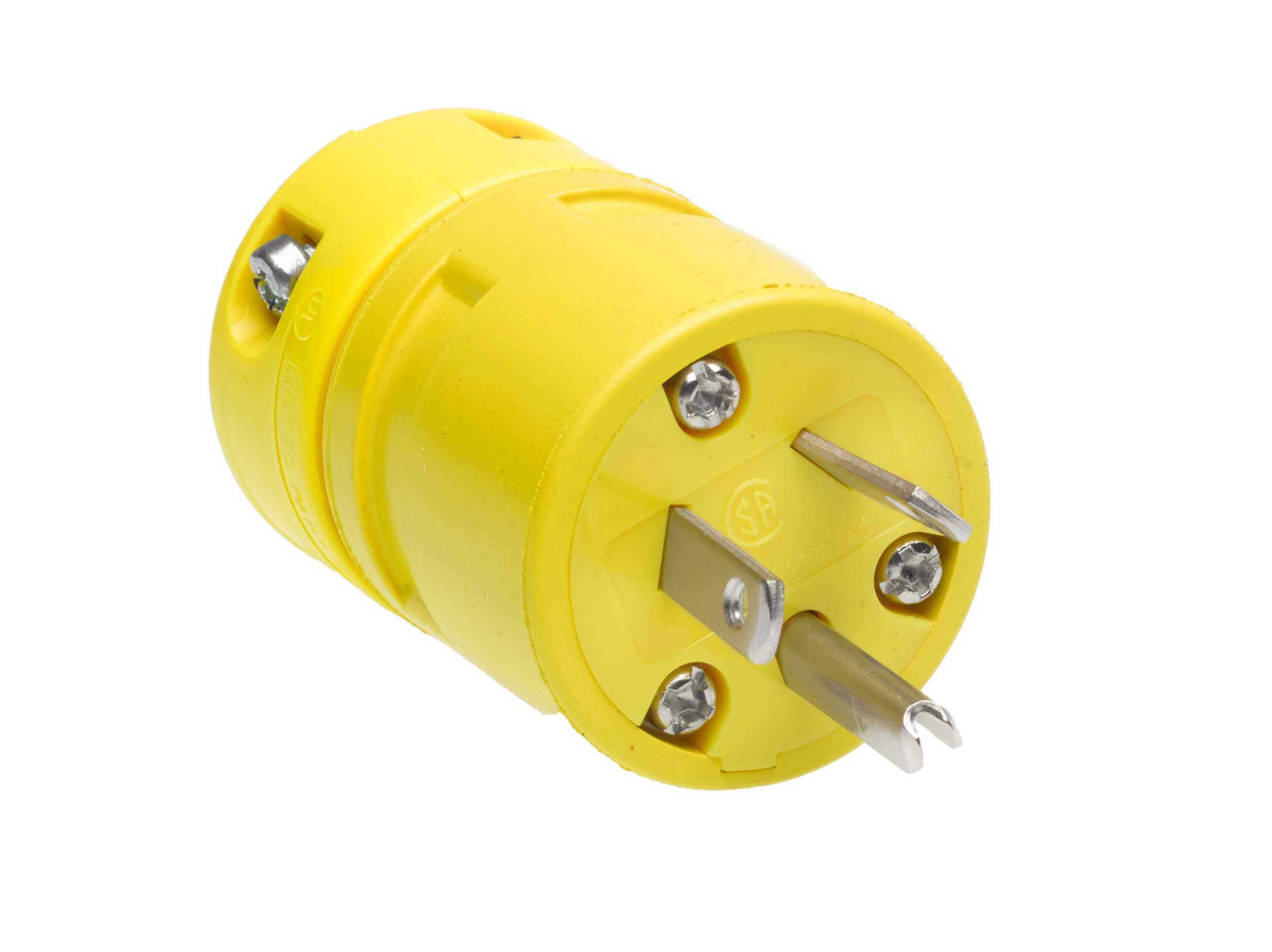 Woodhead1434 Super-Safeway Plug, Industrial Duty, Straight Blade, 2 Poles, 3 Wires, NEMA 7-15 Configuration, Rubber, Yellow, 15A Current, 277V Voltage