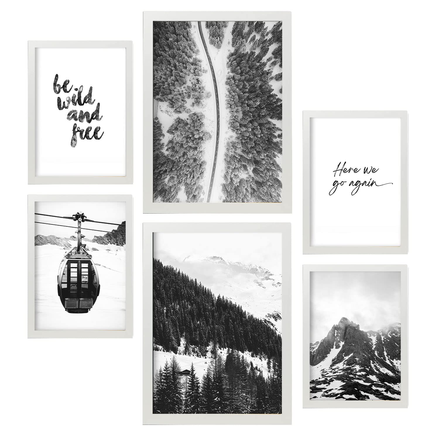 Nacnic - 6 Cuadros con Cuadros Fotográficos Blanco y Negro - Decoración Pared Salón, Dormitorio, Habitación - Invierno, Nórdico, Moderno - A3 y A4 - Marco Blanco